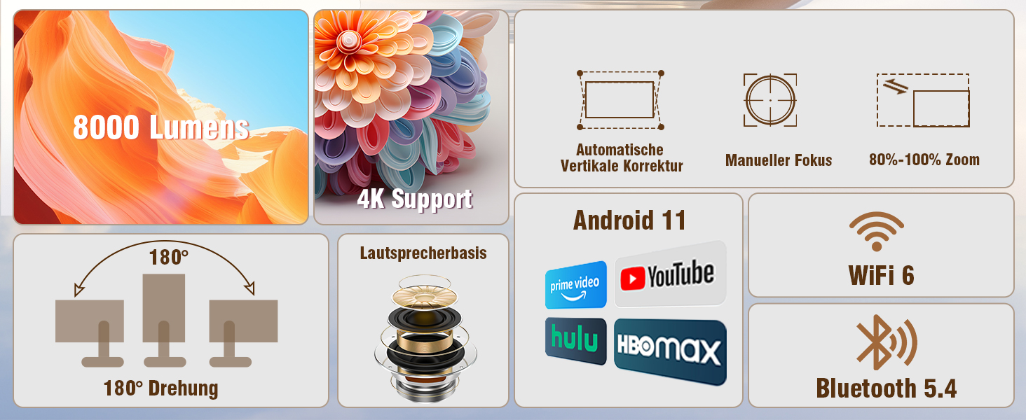 Міні проектор Alwtniet 4K з Wi-Fi 6, Bluetooth 5.4, 5W динаміком, автоматичною корекцією трапецеїдальних спотворень, поворотним на 180°, портативний для дому та вулиці (Android 11)