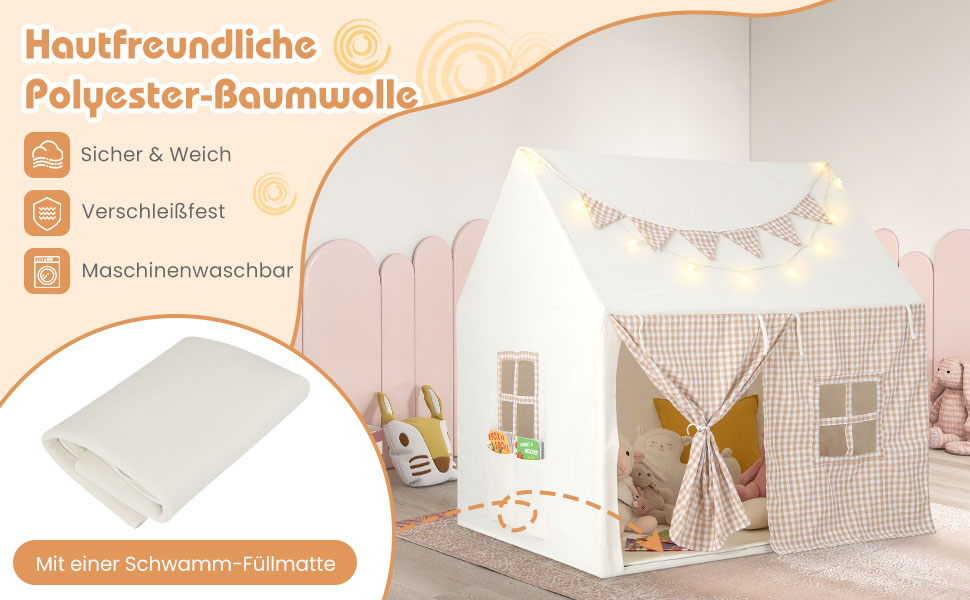 Дитяче намет-будиночок COSTWAY з килимком та світлом, з прапором та вікнами, для хлопчиків та дівчаток від 3 років (Бежевий)