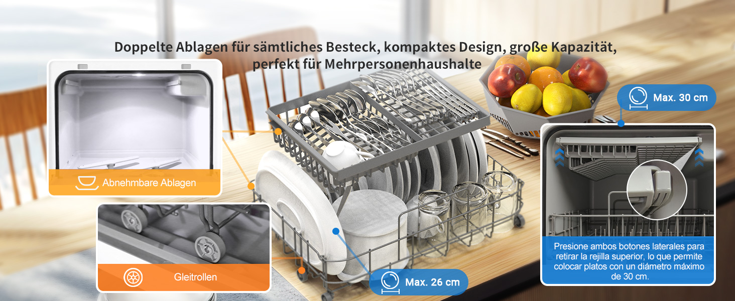 Міні посудомийна машина BLITZHOME з сенсорним керуванням, 9 програм, портативна для кемпінгу, 5.2L, з/без підключення до води, сушка, відкладений старт