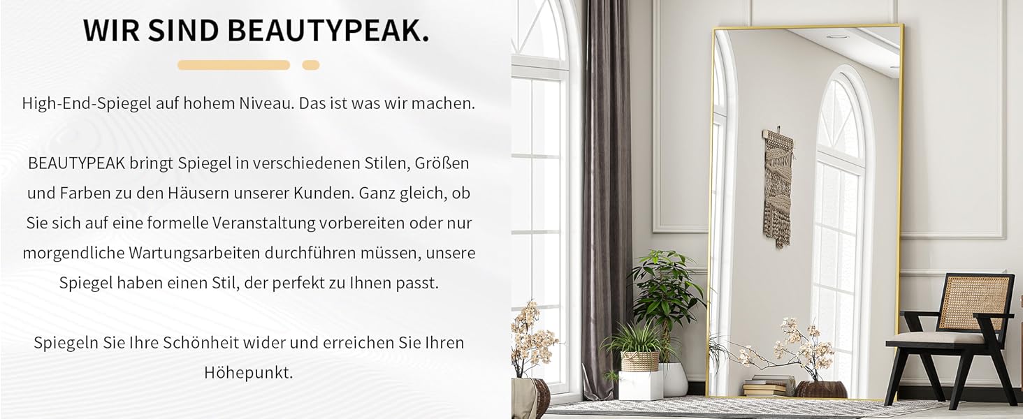 Дзеркало підлогове велике BEAUTYPEAK 76x180 см, повнорозмірне, настінне/підлогове, золоте, для спальні, вітальні, гардеробної