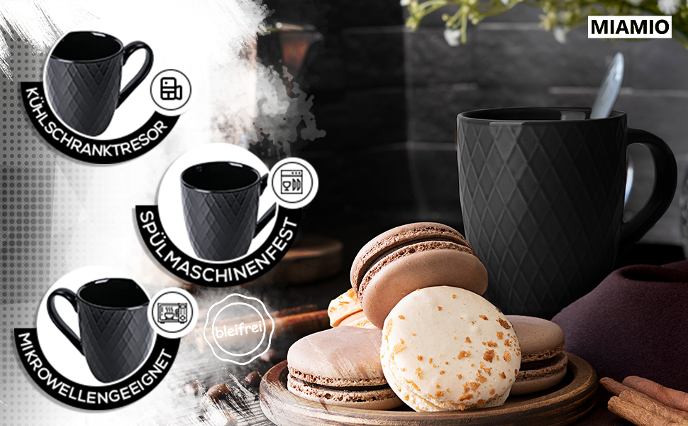 Набір кавових чашок Miamio Palmanova (6 шт., 400 мл) – чорний матовий керамічний набір