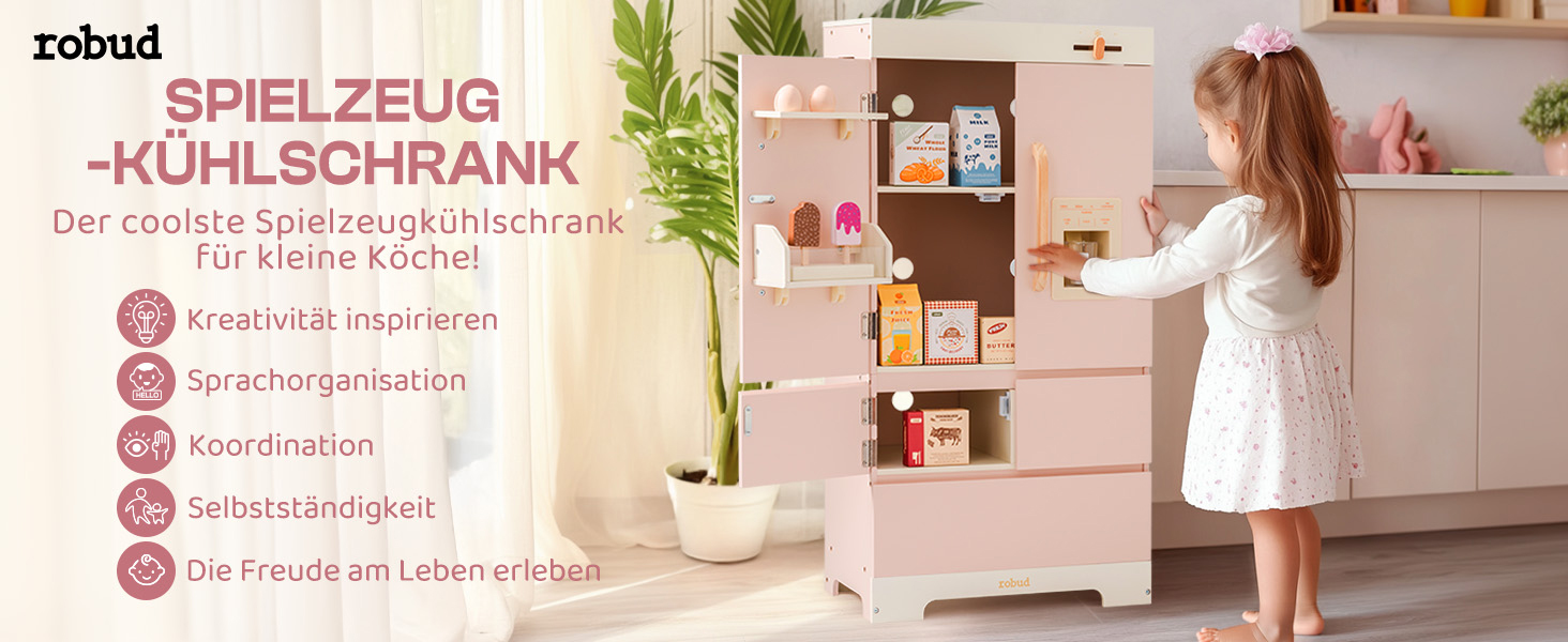 Дерев'яна іграшкова кухня ROBUD для дітей з реалістичним аксесуаром, набір іграшкової кухні з багатьма функціями, сучасний дизайн, подарунок від 3 років (холодильник)
