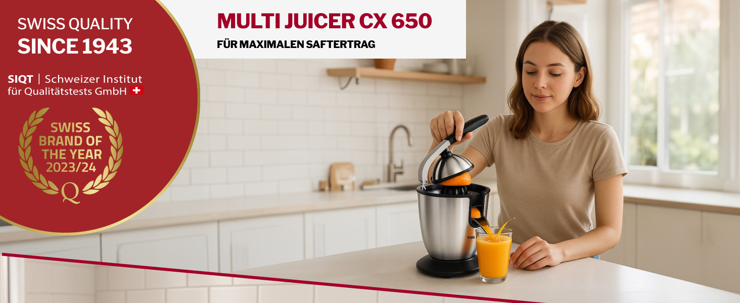 Електрична соковижималка Turmix Multi-Juicer CX 650 для цитрусових з нержавіючої сталі, 2 конуси для апельсинів та лимонів, тиха, посудомийна