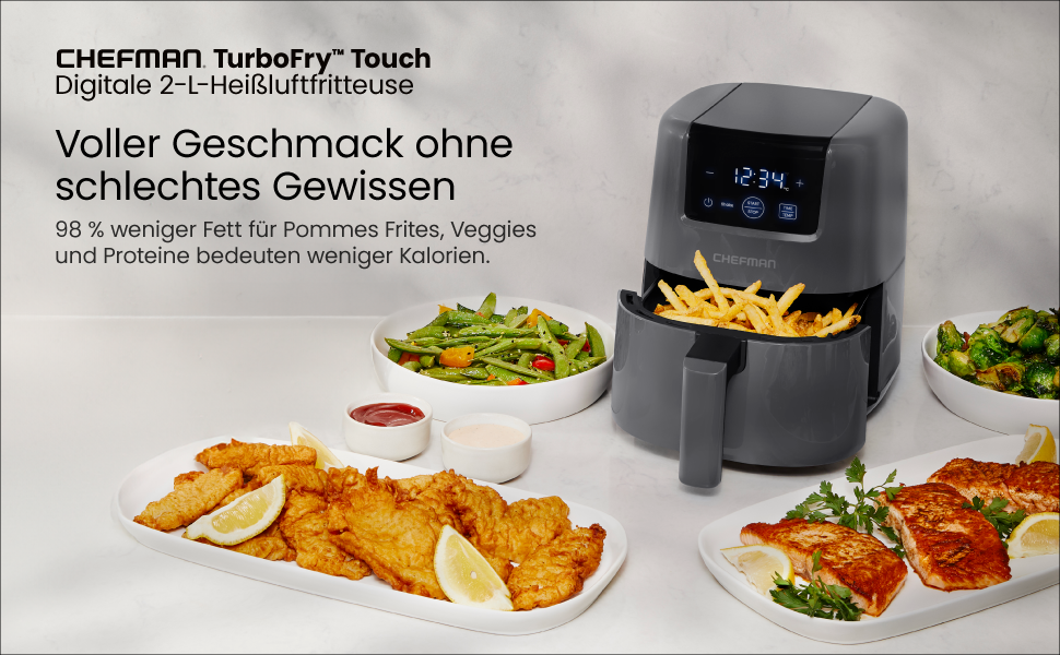 Фритюрниця Chefman 2L з гарячим повітрям - компактна, з антипригарним покриттям, для швидких та простих страв, з цифровим таймером та нагадуванням про струшування - сіра