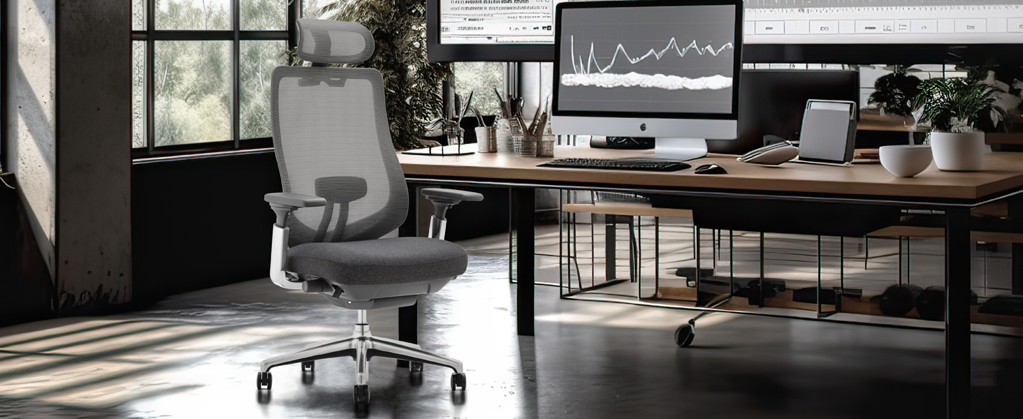 Офісний крісло Colamy XK Atlas з ергономічним дизайном, сітчаста спинка, регульована підголівник, поворотний крісло для комп'ютера з 4D підлокітниками, алюмінієва база, регульоване сидіння, фіксація нахилу, темно-сірий колір