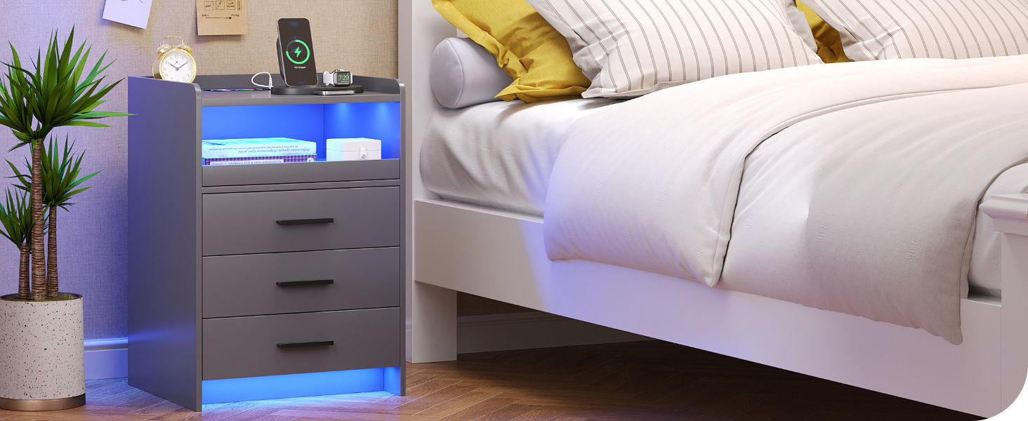 Нічний столик FREDEES з LED-підсвічуванням, ящиком та зарядкою, сірий (2 шт.)