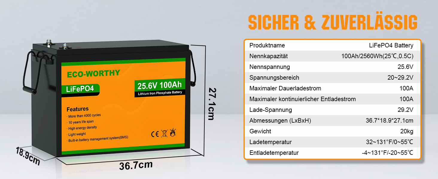 ЕКО-ГІДНИЙ акумулятор LiFePO4 24V 100Ah із захистом BMS, 4000-15000 циклів для автофургону, кемпінгу, сонячної батареї, човна