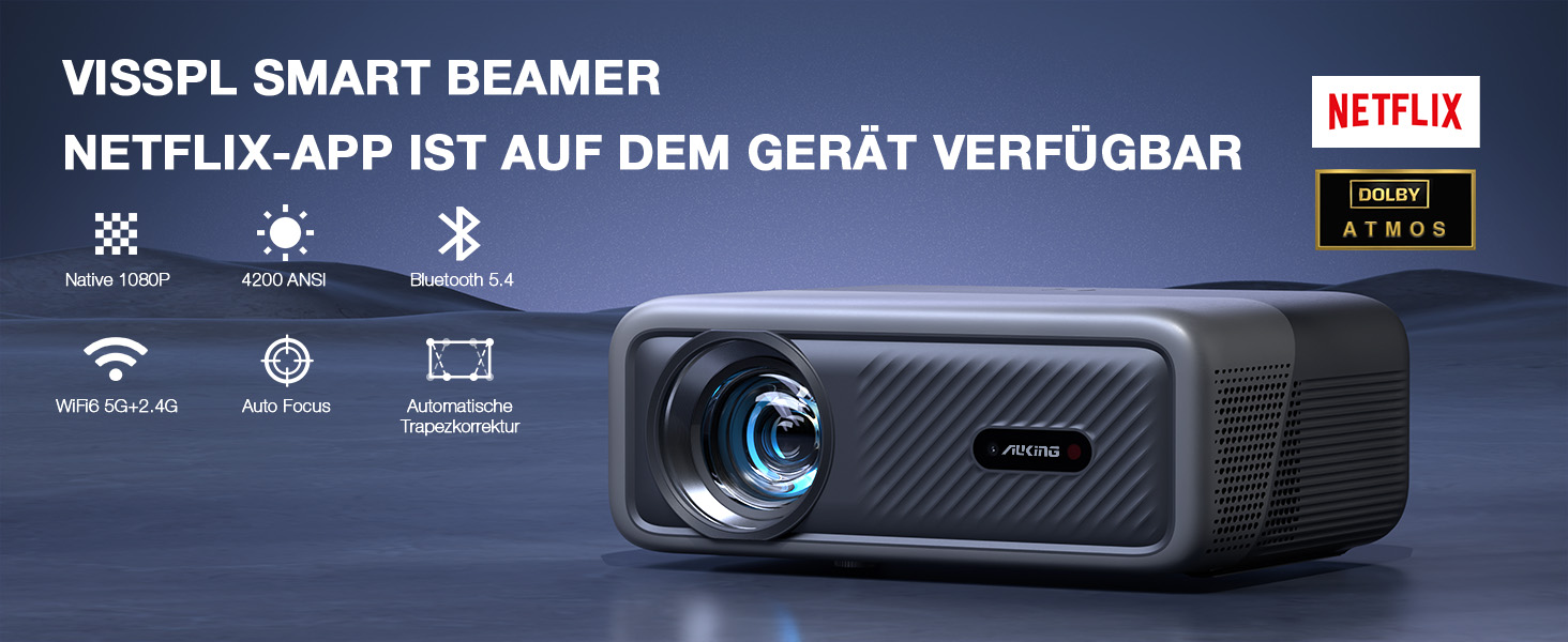 Проектор Smart Beamer VISSPL 4K WiFi Bluetooth 1080P Full HD Dolby Audio з автофокусом та трапецеїдальною корекцією (сірий)
