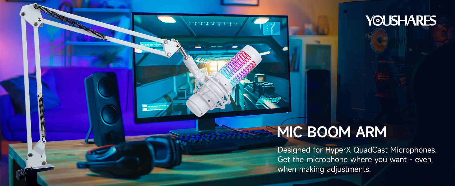Тримач-пантограф для мікрофона YOUSHARES універсальний (білий) для HyperX QuadCast S/2S, Blue Yeti, Rode PodMic, Razer Seiren — для стрімінгу, геймінгу та подкастингу
