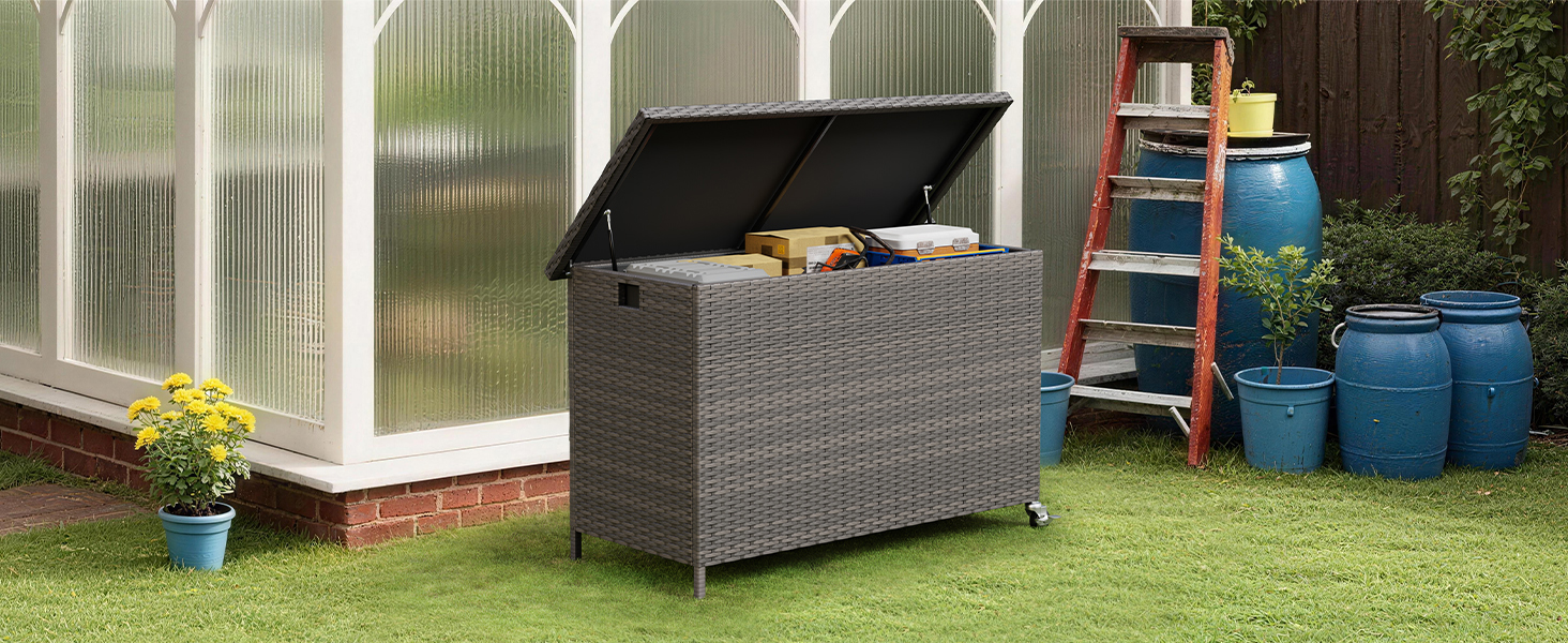 Водонепроникний садовий ящик Amopatio Gartenbox 480л з поліротангу, металевий ящик для подушок на колесах з газліфтом для саду та балкону, сірий