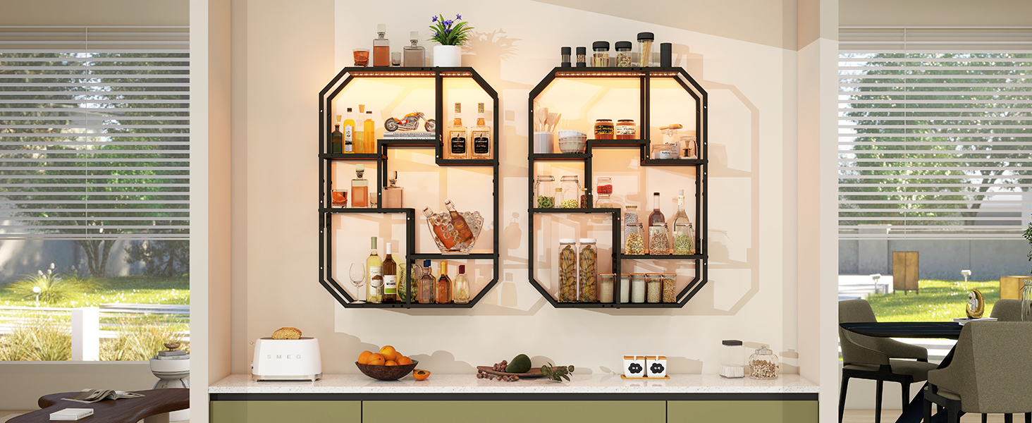 Підвісні полиці YU YUSING з RGB підсвічуванням 7 кольорів, геймерські полиці з 8 гачками, полиці для демонстрації, настінна вітрина з 2 скляними полицями, підвісна вітрина для спальні, кухні, бару, ігрової кімнати, шестигранна (чорний колір)