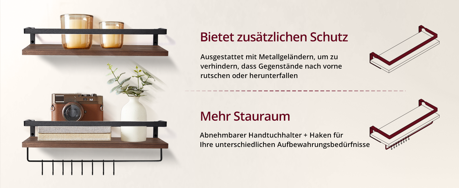 Набір навісних дерев'яних полиць Uten у рустикальному стилі з тримачем для рушників, 2 шт., світло-коричневий (ретро-кава) для ванної, кухні, вітальні та спальні
