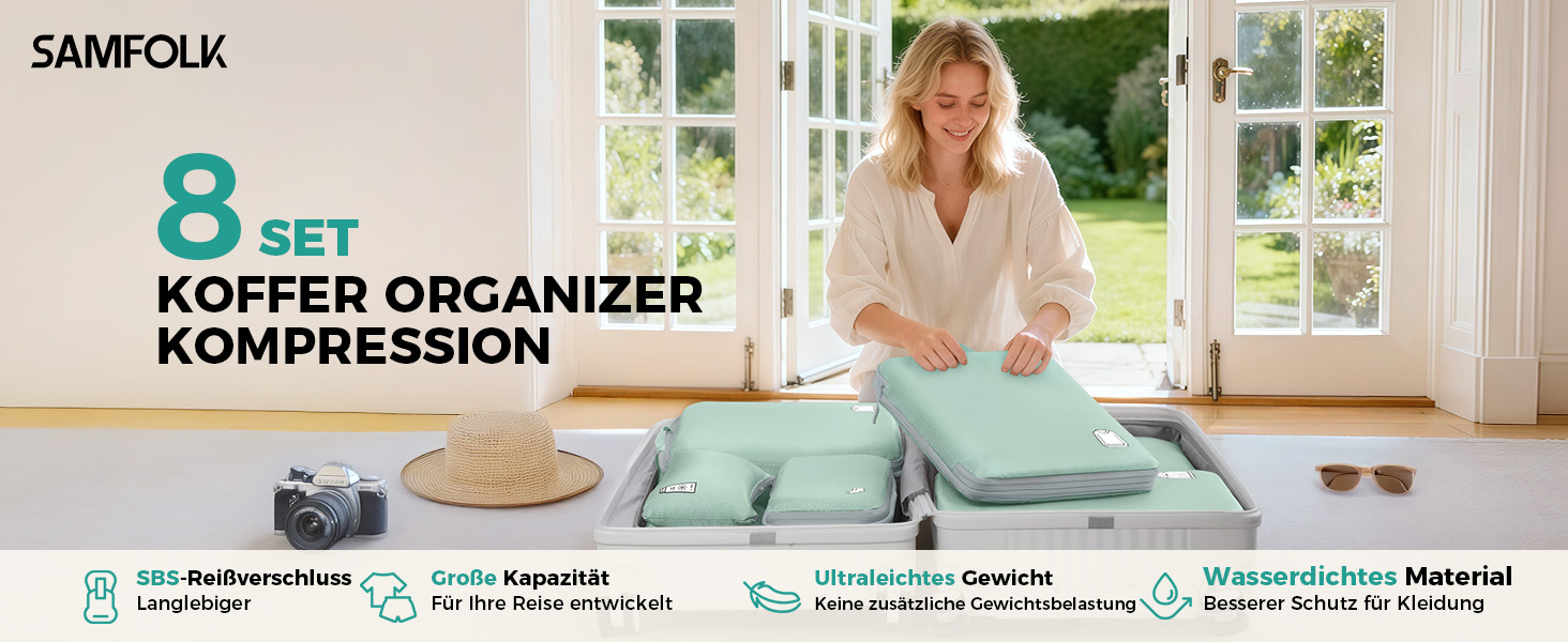 Набір органайзерів для подорожей у валізу з компресією, 8 водонепроникних пакувальних кубів для ручної поклажі та рюкзака, зелений колір