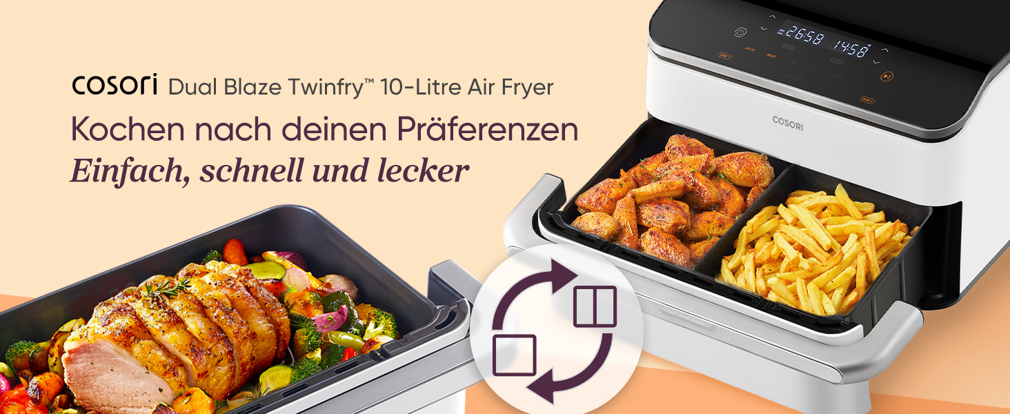 Фритюрниця COSORI Dual Blaze TwinFry з 2 камерами, 10 л, з 4 нагрівальними елементами, чорна