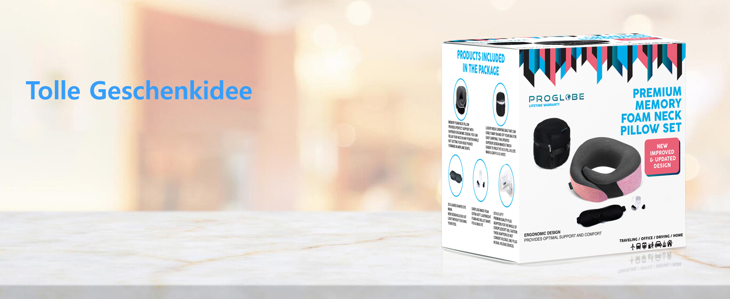 Подушка для шиї Proglobe, 100% Memory Foam, ортопедична, для подорожей (літак, авто, поїзд), з маскою для сну, сітчаста сумка (рожева)