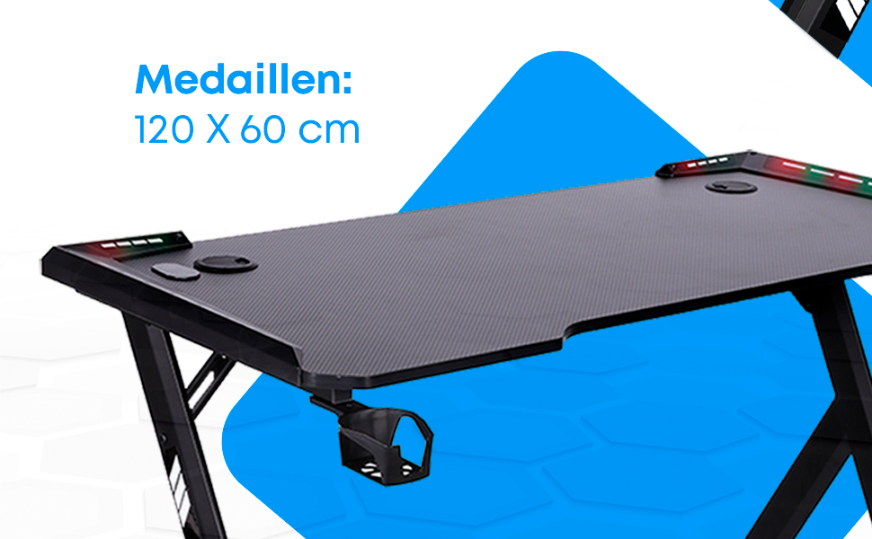 Ігровий стіл NK з LED-підсвічуванням (120x60 см) - з тримачем для напоїв та пляшок, тримачем для навушників, кабельною організацією, стільницею 1.5 см, вантажопідйомність 100 кг, чорний