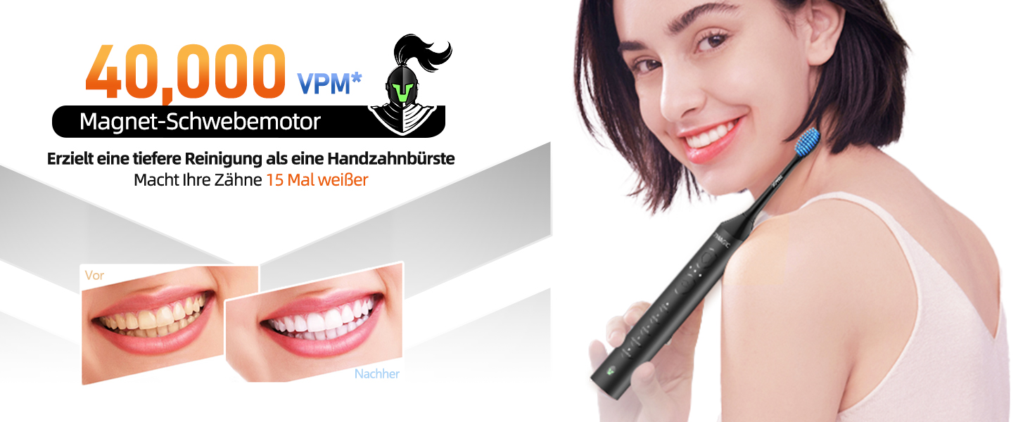 Електрична звукова зубна щітка Ritter - 5 режимів, 40000VPM, IPX7, акумулятор до 90 днів, таймер, чорний