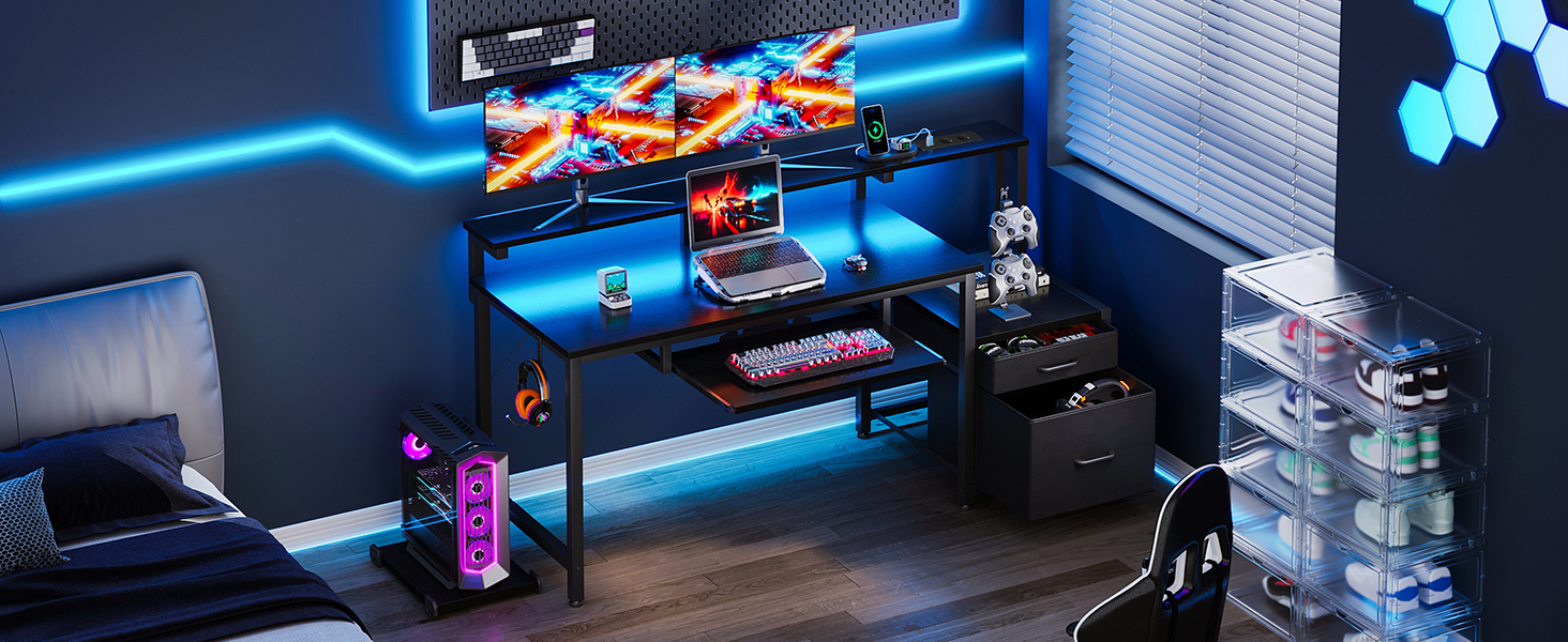 Ігровий стіл Coleshome з LED підсвічуванням, стіл для дому та офісу з ящиками з тканини, комп'ютерний стіл з 2 розетками та 2 USB-портами, стіл для геймінгу з підставкою для монітора, білий (140x48 см, чорний)