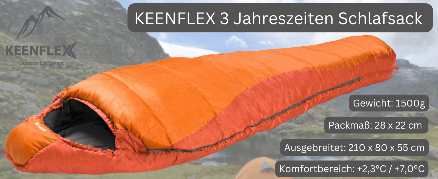 KeenFlex Спальний мішок 3-4 сезони, від +7,2°C до -23,4°C, 1500г/2150г, для літа й зими, машинне прання