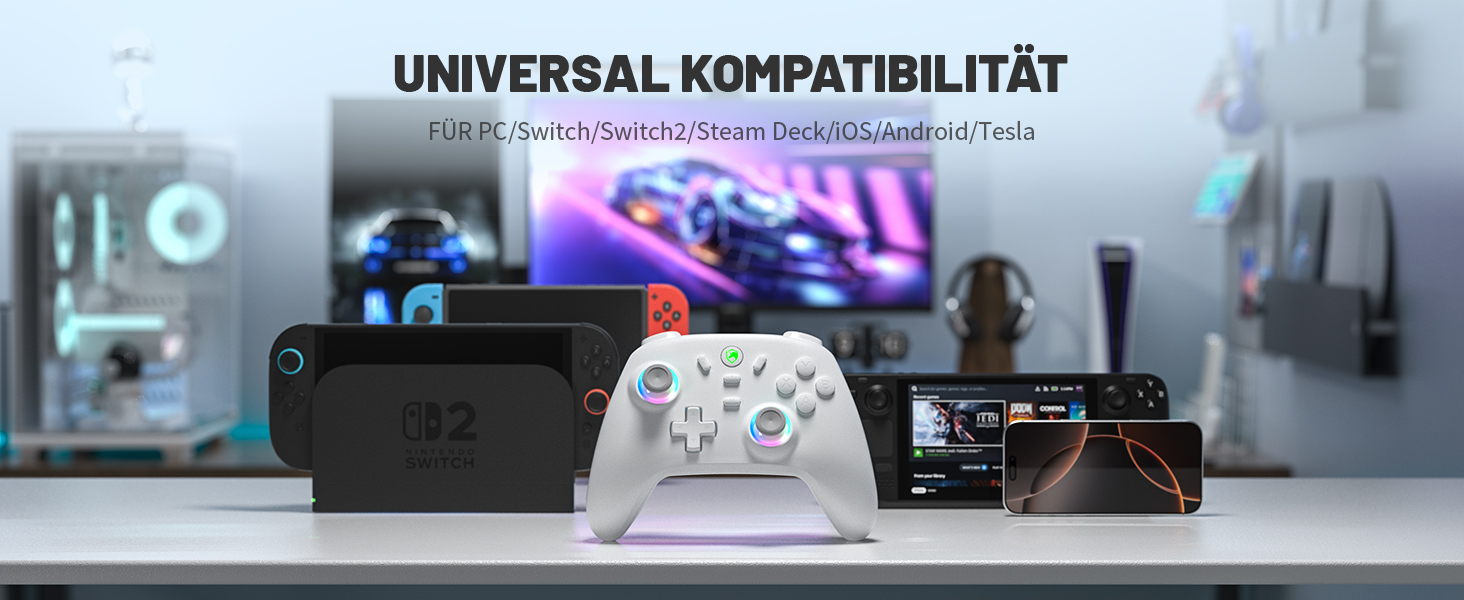 Бездротовий ігровий контролер ECHTPower для PC, Switch, Steam Deck, Android, iOS — RGB підсвічування, Hall-джойстики, вібрація, Turbo, акумулятор 800mAh (Білий)