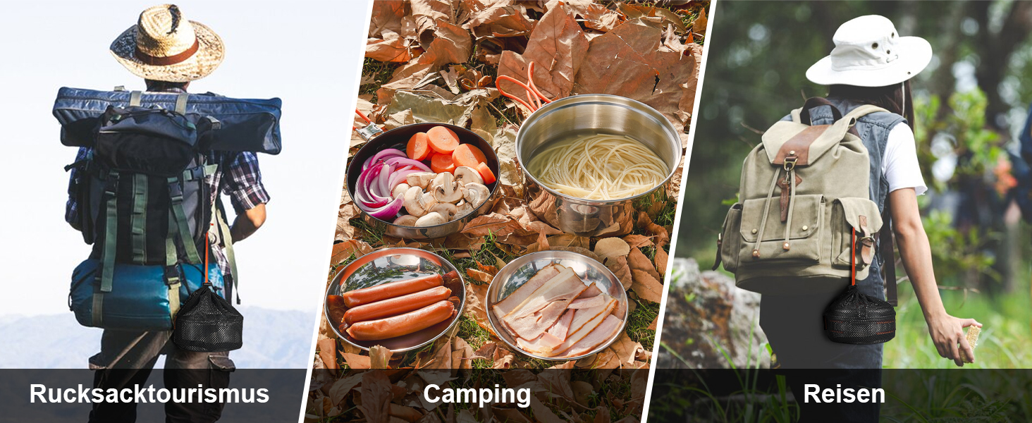 Набір посуду для кемпінгу Odoland: каструля, сковорода, тарілки, миски, виделки, ножі, ложки (10/15 шт.) з нержавіючої сталі з антипригарним покриттям та чохлом