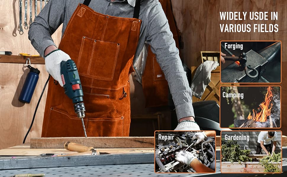 Шкіряний фартух для зварювальника LeaSeek – термостійкий та вогнестійкий, з 6 кишенями, великий розмір (M-XXXL), 61x91 см + шкіряні рукавички