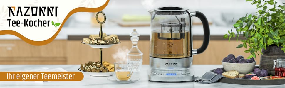Електричний чайник Razorri 1.7L з автоматичним підйомом кошика, BPA Free, 5 сортів чаю, 3 інтенсивності заварювання, підтримання тепла до 60 хв, програмований час заварювання, з нержавіючою сталлю