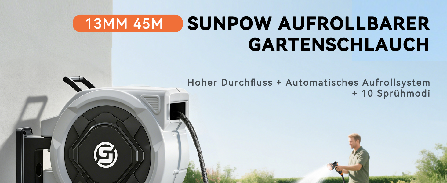 Шланговий барабан SUNPOW настінний 30м для саду, тераси та двору. Автоматичний намотувач, поворотна стійка 180°, 10 функцій розпилення, діаметр 16 мм.