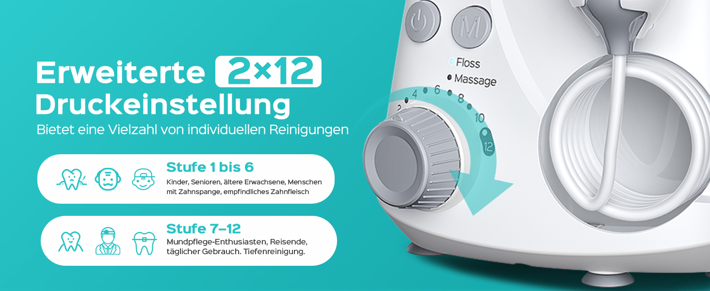 COSLUS Електрична іригатор для порожнини рота з 2 режимами та 12 рівнями тиску – 600 мл резервуар для води. Підходить для сімей, ентузіастів орального здоров'я та пацієнтів з ортодонтичними конструкціями. 5 насадок, чорно-білий колір.