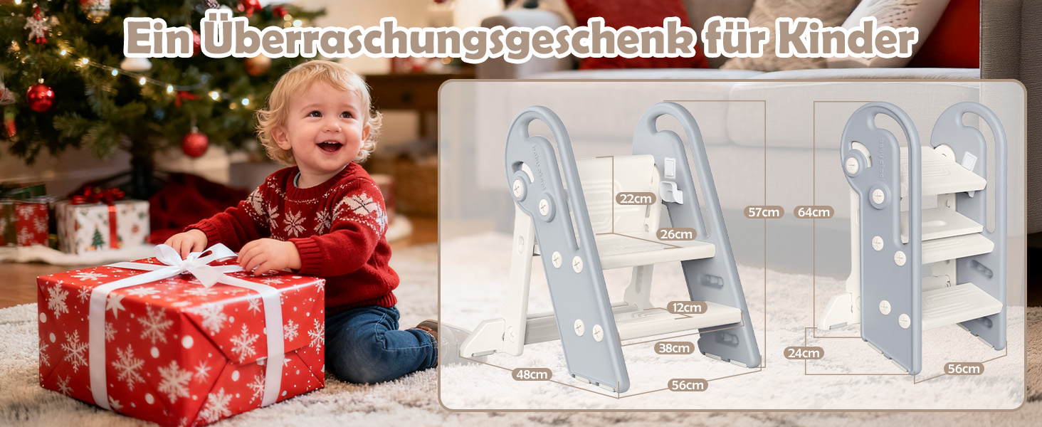 Дитячий підсвічник Onasti Tritthocker: регульована висота, 3 ступені, з ручками, складний, анти-кіп та анти-ковзний, для кухні, ванної кімнати, умивальника та туалету (сірий)