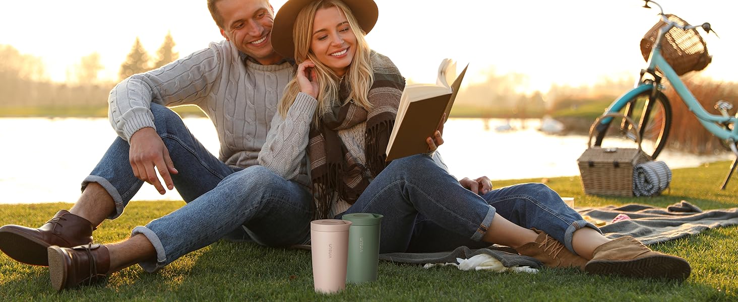 Термокружка VINSUN для кави з собою 350 мл, з подвійними стінками, з нержавіючої сталі, з герметичним клапаном, для гарячих та холодних напоїв, для автомобіля, університету, бежевий колір