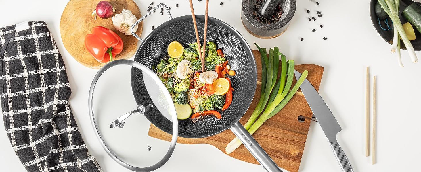 Вафельниця Moritz & Moritz з нержавіючої сталі 30 см з керамічним покриттям нового покоління - підходить для всіх типів плит - антипригарний вок з вафельною структурою для смаження, тушкування та варіння (з кришкою)