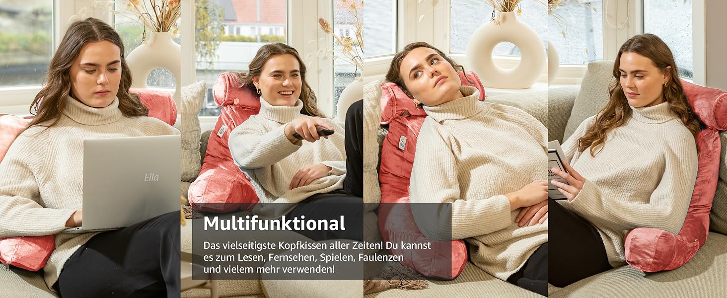Подушка для читання Ella Lesekissen для ліжка та дивана з знімною подушкою для шиї - подушка для спини для ліжка. Подушка для читання з піною з пам'яті з підлокітниками, ідеально підходить для читання, перегляду телевізора, відпочинку або як спинна підтримка (Рожевий)