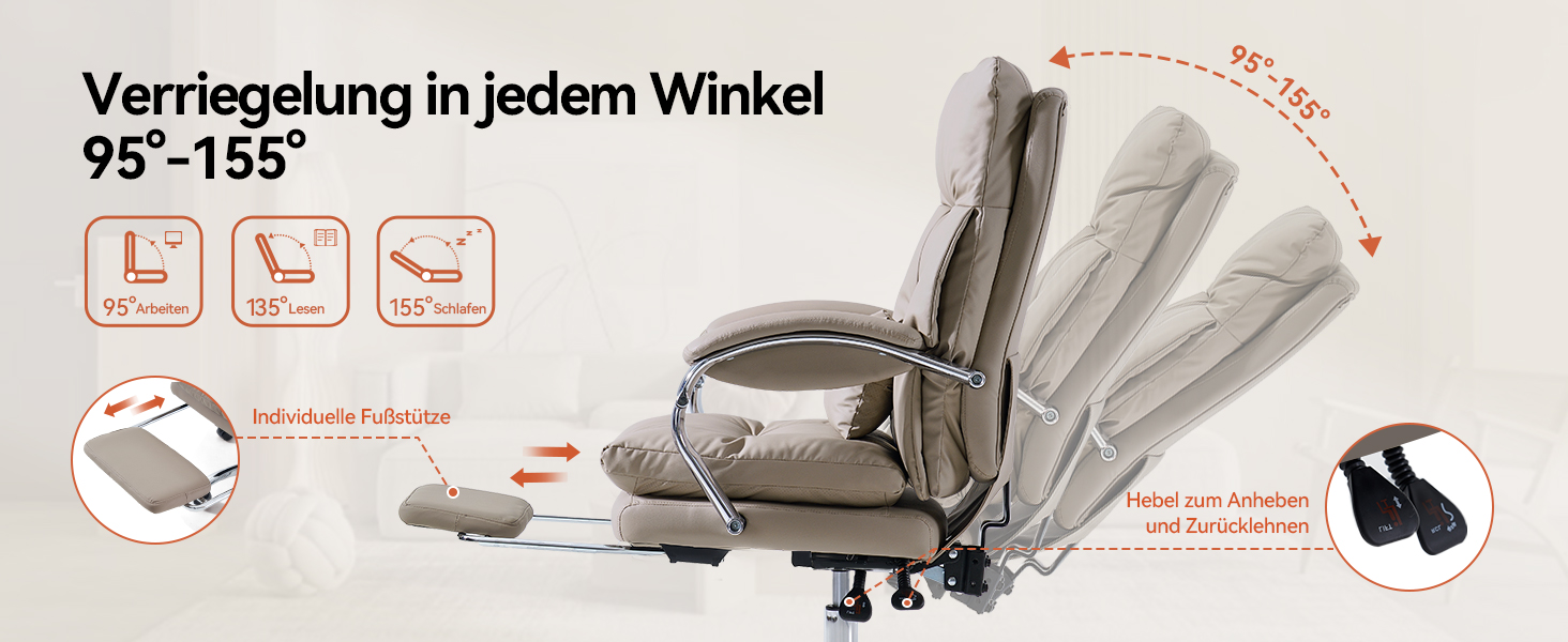 Офісний крісло EMIAH з підніжкою: ергономічний крісло для офісу та дому, з PU шкіри, підніжкою, підлокітниками та колесами. Підходить для роботи за комп'ютером та ігор. Колір: хакі. Без функції масажу.