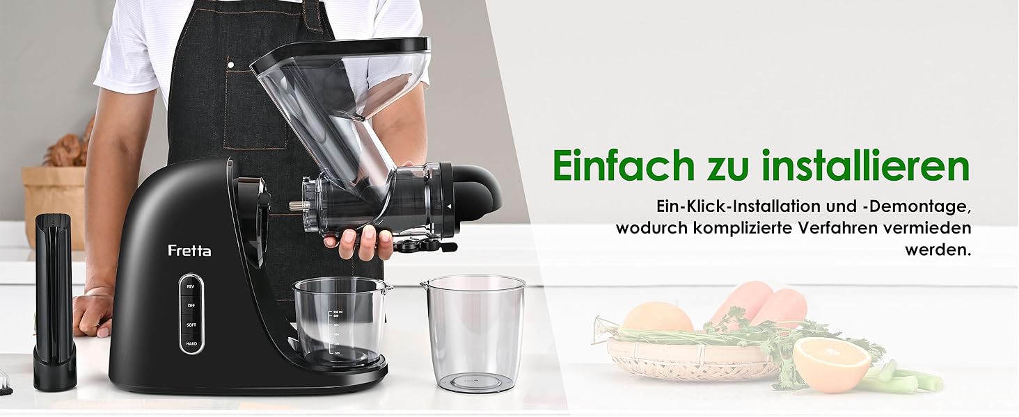 Електричний соковитискач Fretta Slow Juicer: холодний віджим, 76 мм, для овочів та фруктів, чорний