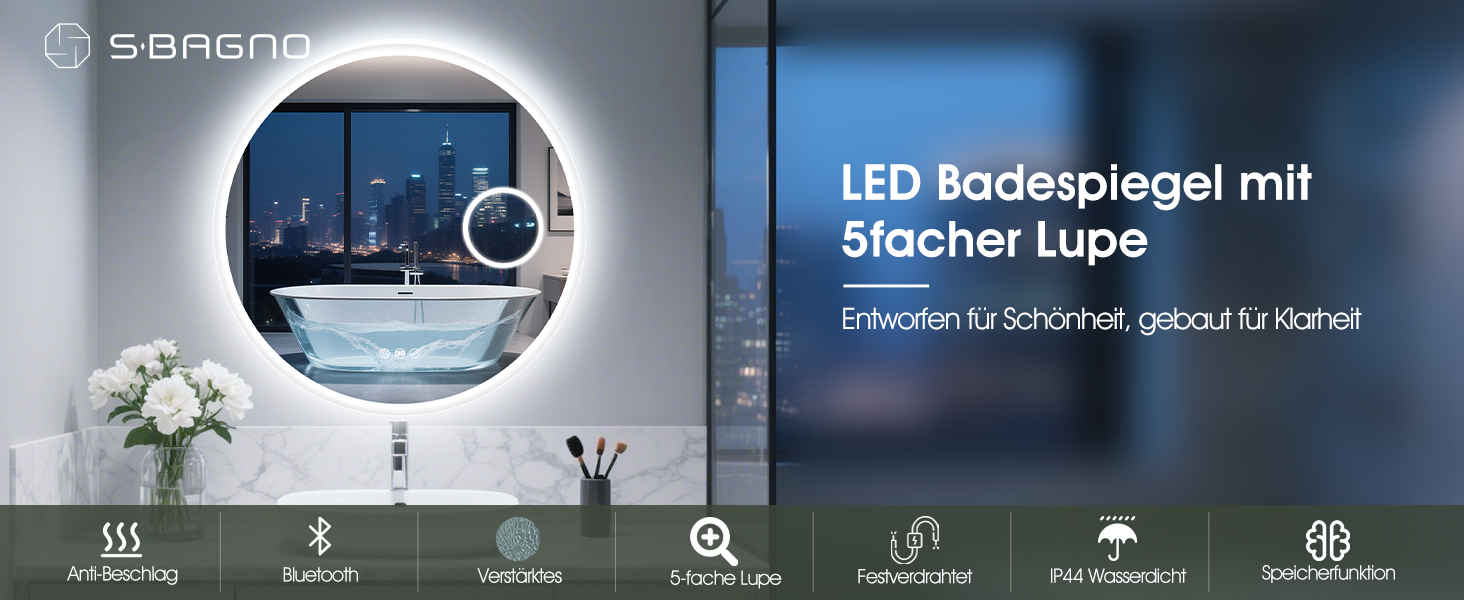 Дзеркало для ванної кімнати S'bagno Runder з підсвічуванням 60 см, з функцією запобігання запотіванню, 3 колірні температури, регулювання яскравості, HD скло, функція пам'яті, IP44, Bluetooth, 5-кратна лупа