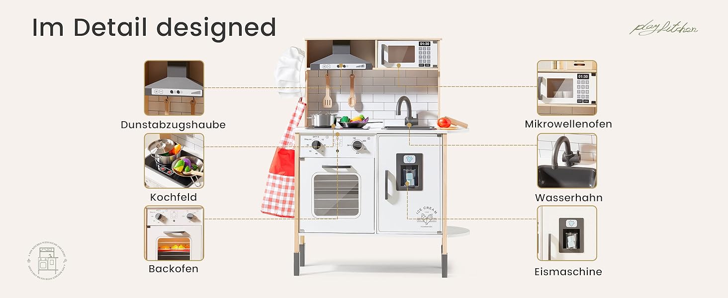 Дерев'яна дитяча кухня Tiny Land з аксесуарами: 18 предметів посуду та їжі. Іграшковий кухонний набір для дітей з підсвіткою та звуками.