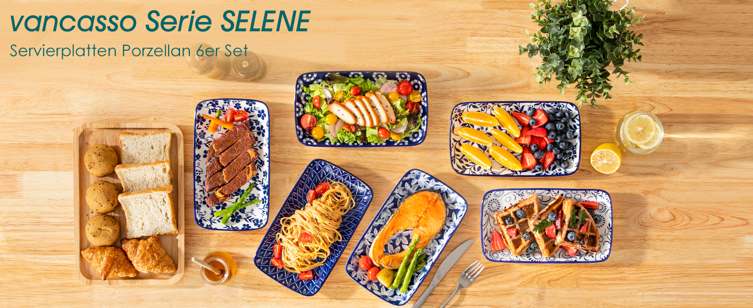 Набір тарілок Vancasso SELENE, 6 шт., прямокутні, 22x13 см, блакитні - для закусок, суші, десертів, фруктів