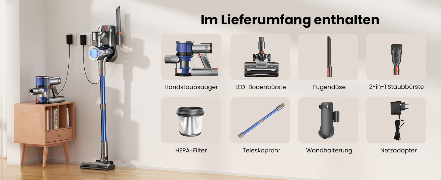 Бездротовий пилосос Dzaki 45000Pa з акумулятором, Smart-дисплеєм, функцією паркування та антизаплутанащістю для килимів, твердих поверхонь, шерсті тварин та авто (блакитно-сірий)