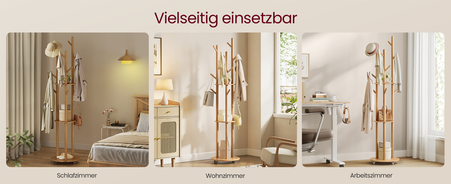 Вішалка для одягу VASAGLE з 11 гачками та 3 полицями, на коліщатках, з масиву дерева, для передпокою, спальні, вітальні, RCR023B01 (натуральний колір)