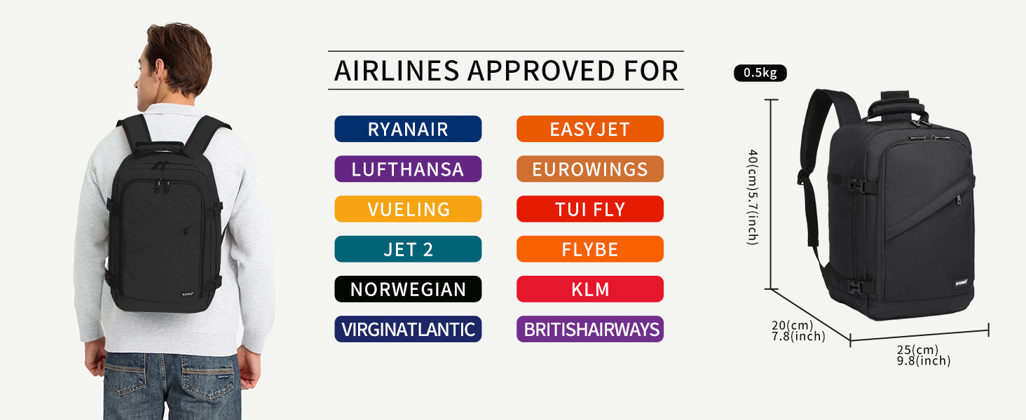 Чемодан-рюкзак для ручної поклажі Ryanair 40x20x25 см, 20L, чорний, S, мінімалістичний