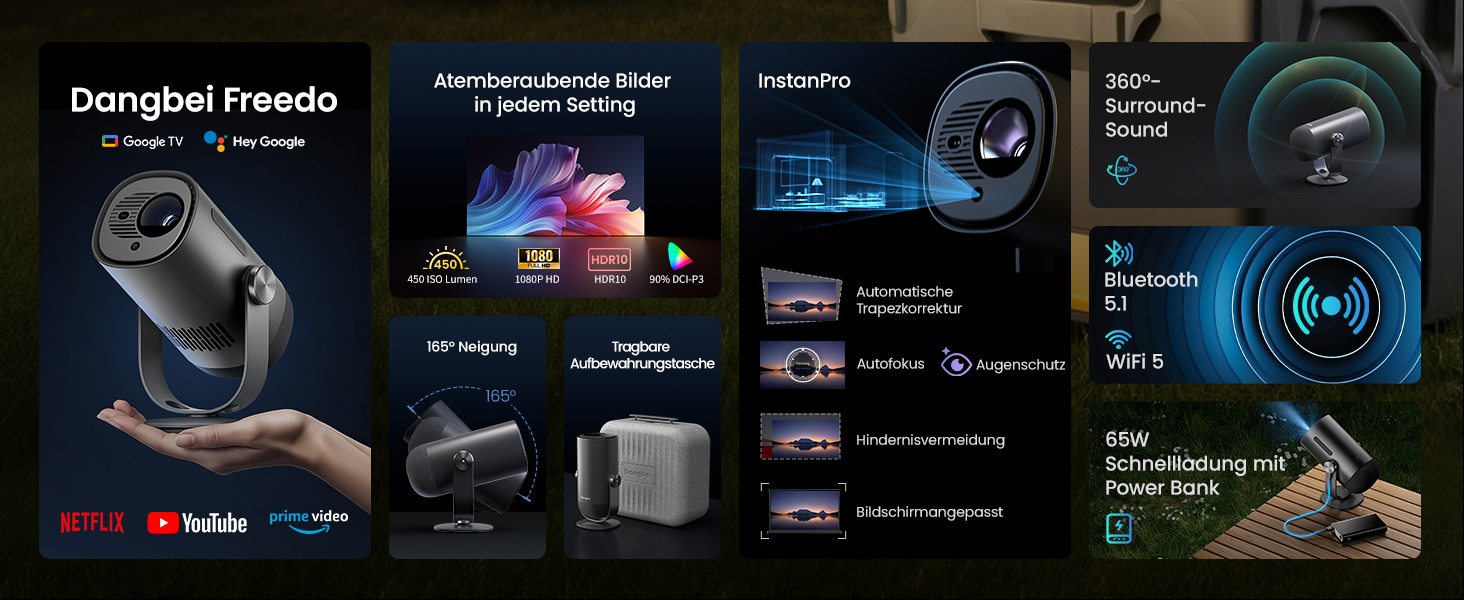 Портативний проєктор Dangbei Freedo з акумулятором, 450 ISO люмен, Google TV & Netflix, Dolby Audio, 1080P, HDR10, 165° нахил, Smart проєктор з WiFi & Bluetooth для дому та відпочинку на природі, 2,5 години роботи, з чохлом