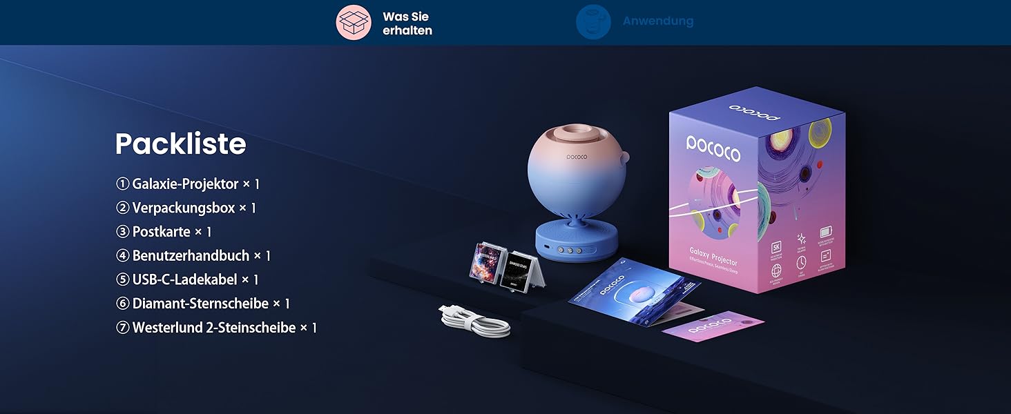 Проєктор зоряного неба POCOCO Sternenhimmel: LED-проектор галактики, планетарій для дітей та дорослих, нічник з ауророю, 2 диски, таймер, рожево-блакитний