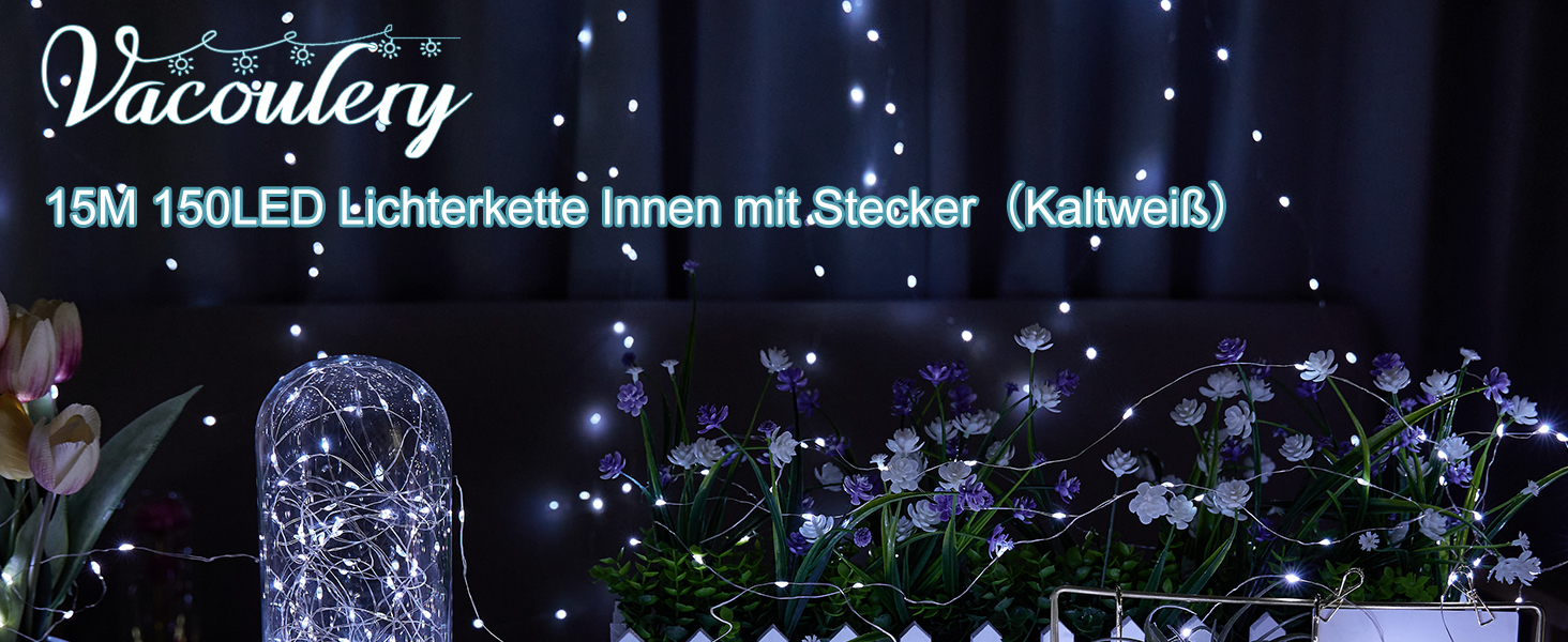 Набір Vacoulery з 2 струнних світильників 15M 150LED з таймером і дистанційним керуванням, 8 режимів, холодний білий для приміщення/вулиці