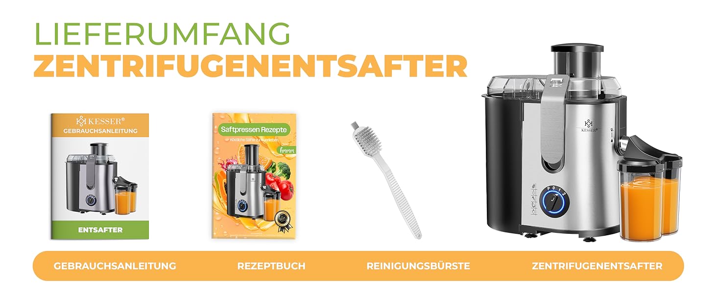 KESSER® Електрична центрифужна соковитискачка для фруктів та овочів з нержавіючої сталі 1100W, велика завантажувальна трубка, 3 швидкості, сірий/срібний колір