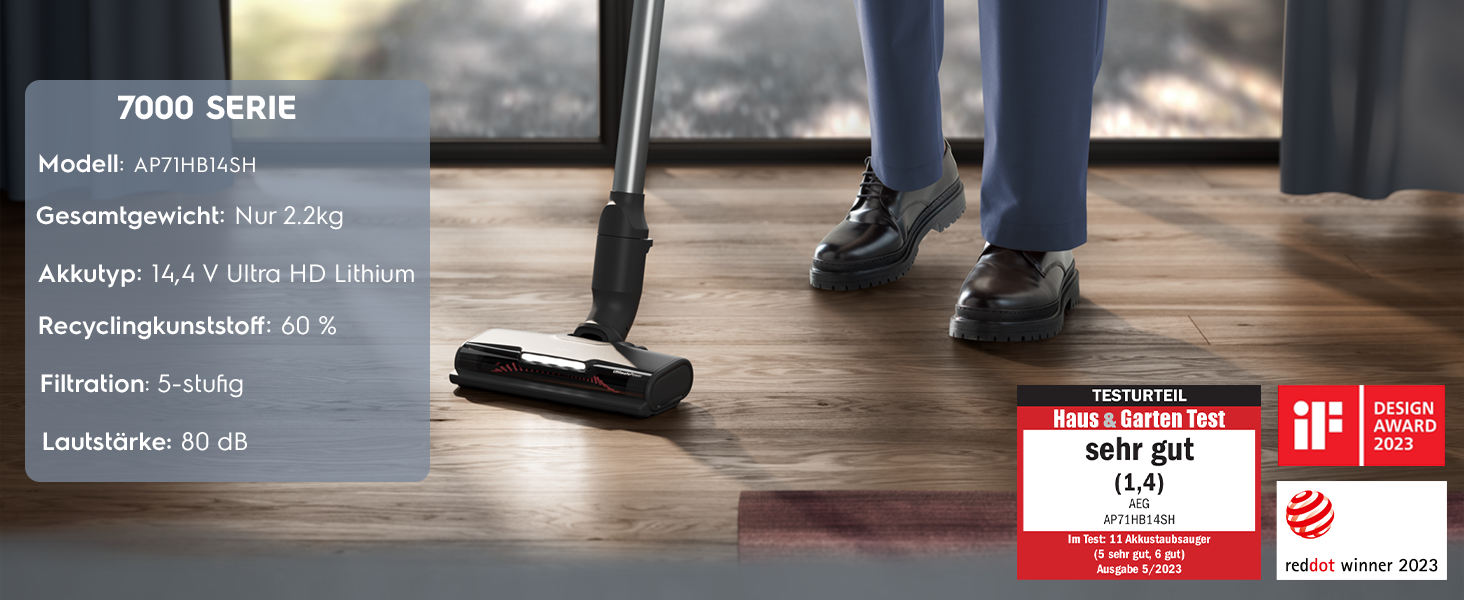 Акумуляторний пилосос AEG ÖKO AP71UB14AM: потужний, легкий (2.2 кг), ергономічний, з перероблених матеріалів, до 50 хв роботи, 120 м², 2-в-1, 5-рівнева фільтрація, для всіх поверхонь, автоматичний, сірий