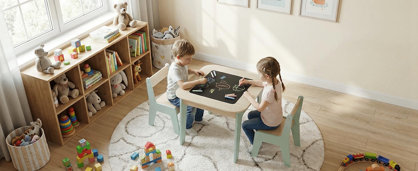 Дитячий стіл і стільці Clevich: комплект для дитячої кімнати з місцем для зберігання, 2 стільці, двосторонній стіл для малювання та будівельна пластина, зелений