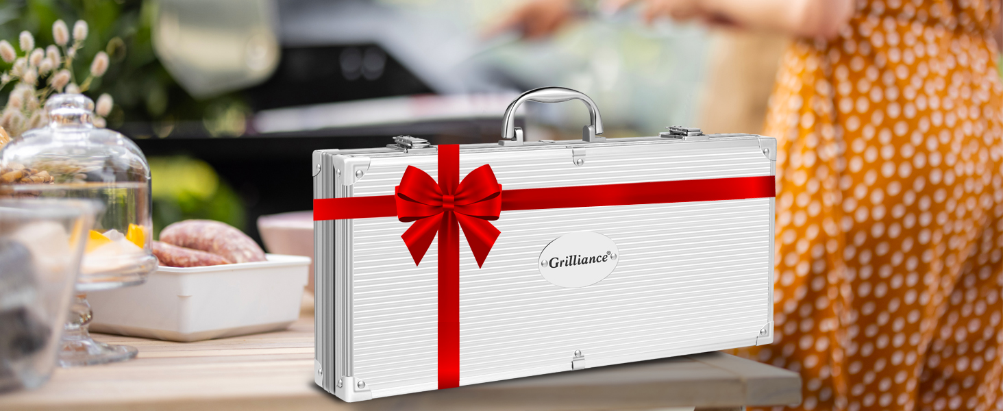 Набір гриль аксесуарів зі сталі 26 шт. Преміум якість, BBQ-гриль посуд у кейсі. Ідеальний подарунок для чоловіків з термометром.