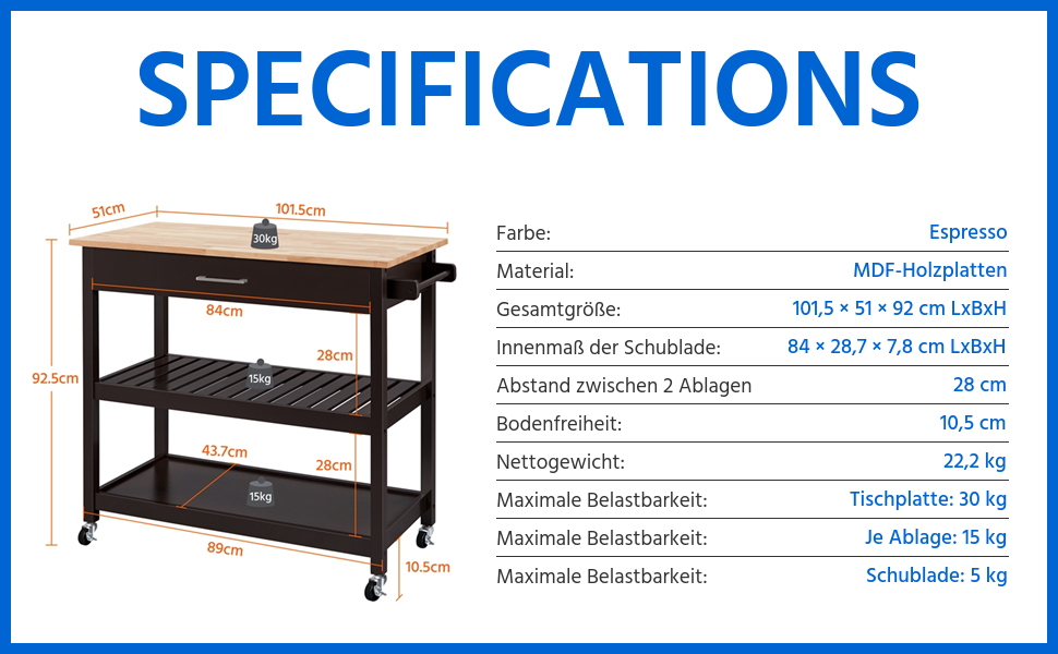 Сервізний візок Yaheetech з шухлядою, кухонний візок з 2 полицями, на коліщатках, 51 x 101,5 x 92 см, білий (Espresso)