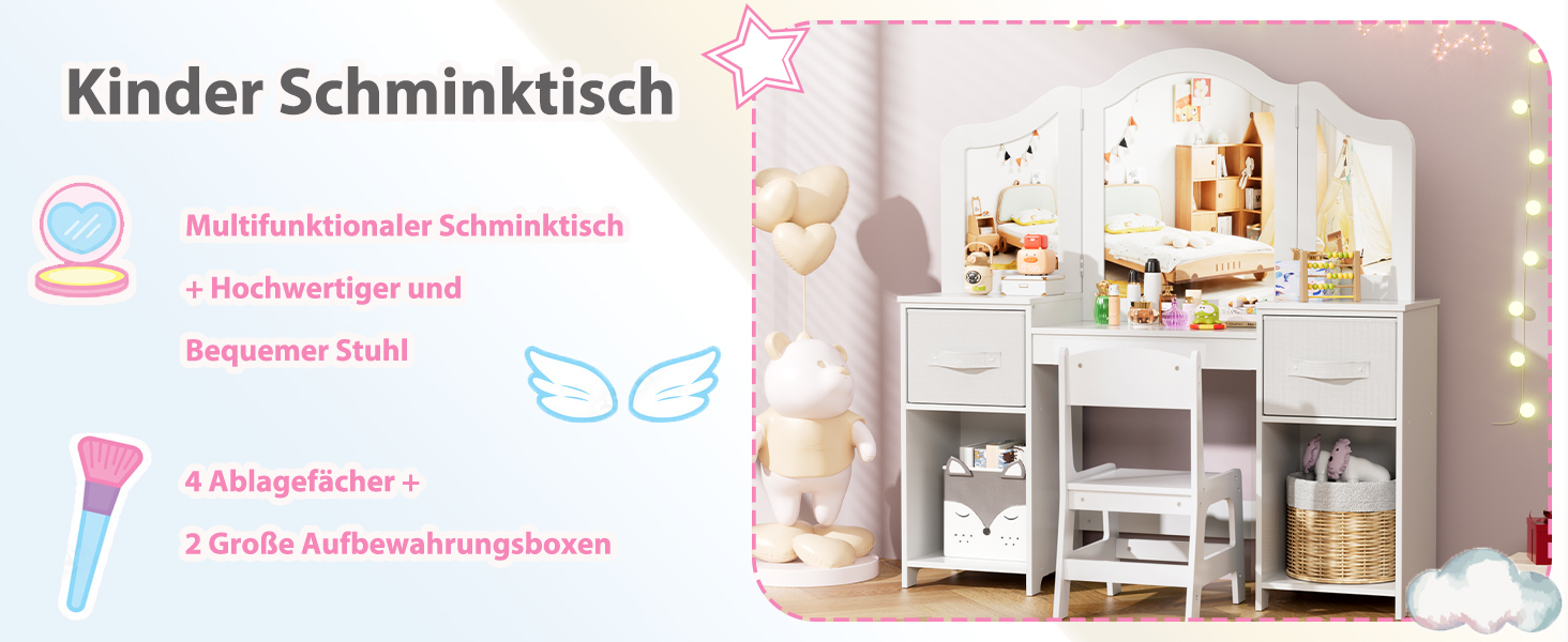 Дитячий туалетний столик MAMIZO 2 в 1 з дзеркалом та пуфом, рожево-білий, 108x30x114 см